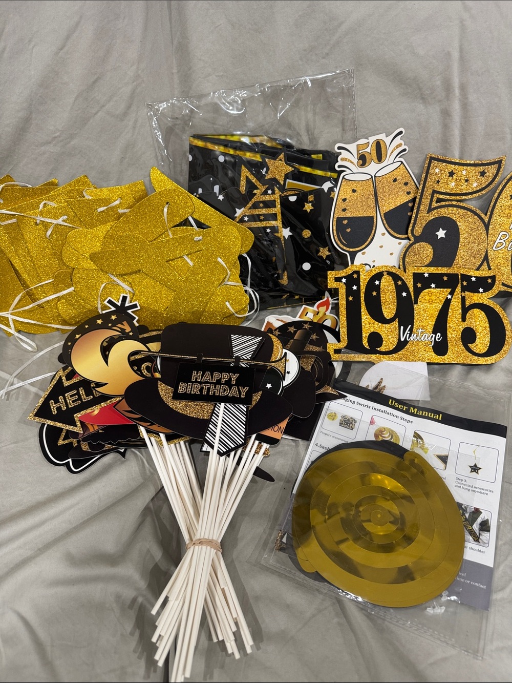 Gold & Black 1975 Birthday Party Photo Props and Decorations